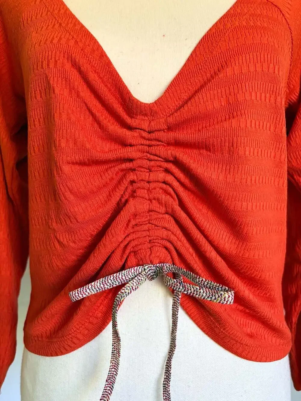 Anthropologie Ruched Front Long Sleeve Crop Top Orange Ladies Size L